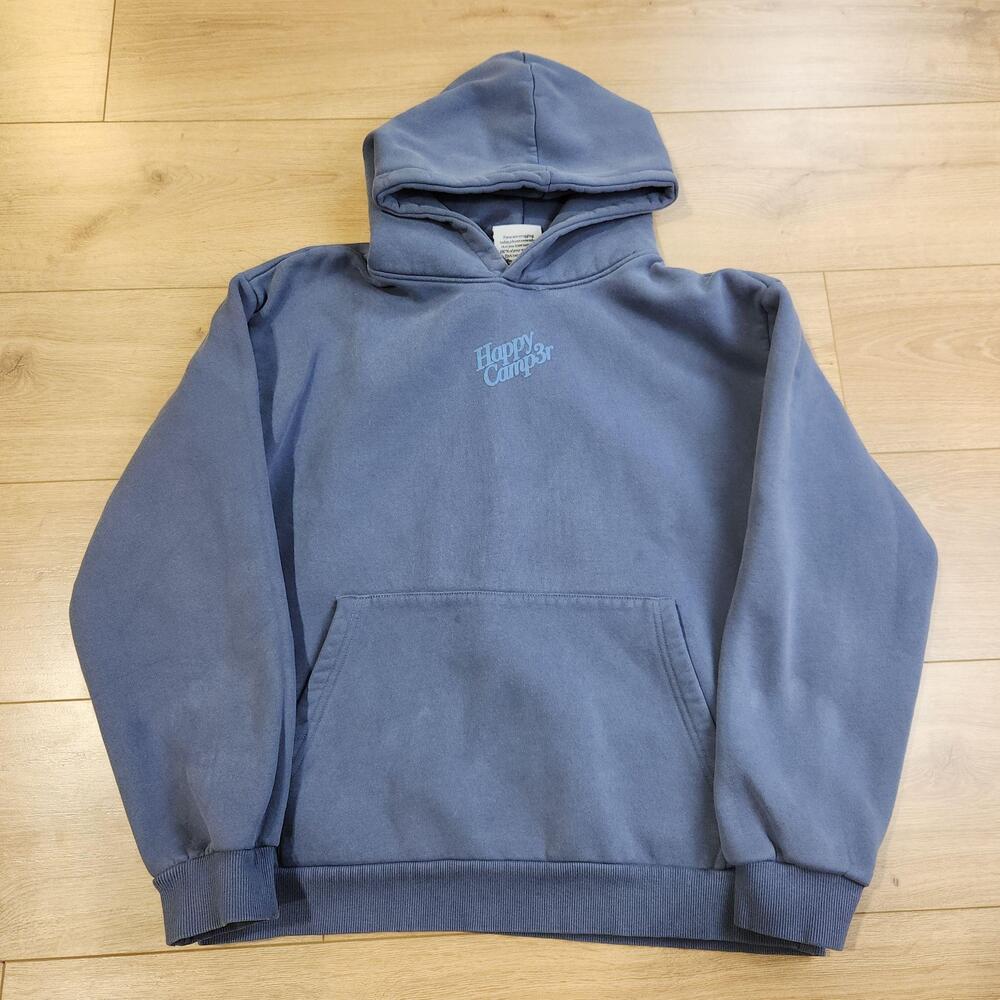 Happy Camp3r Hoodie Sweatshirt Mens Medium Blue Fleece Pullover Logo Graphic